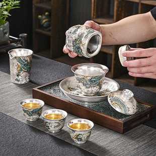 茶具礼品银茶具真银包银上作画盖碗套组陶瓷鎏银养生功夫 直销新款