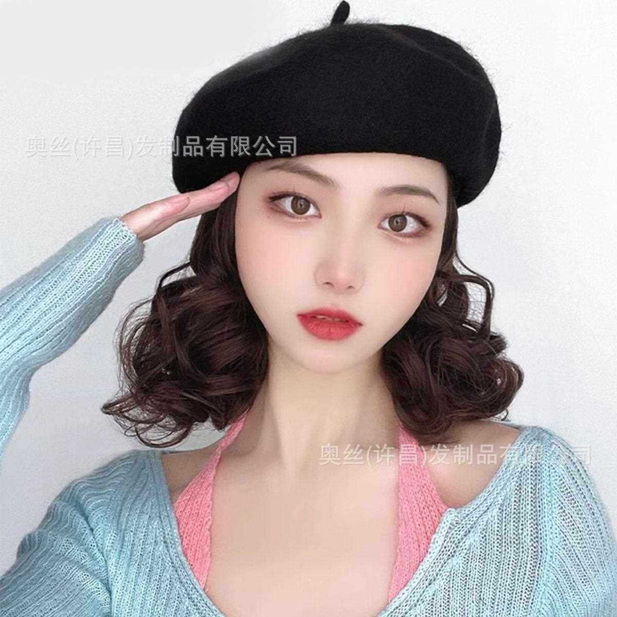 新款直销假发女一体短发秋冬网红贝雷帽锁骨发帽子时尚整顶短卷发