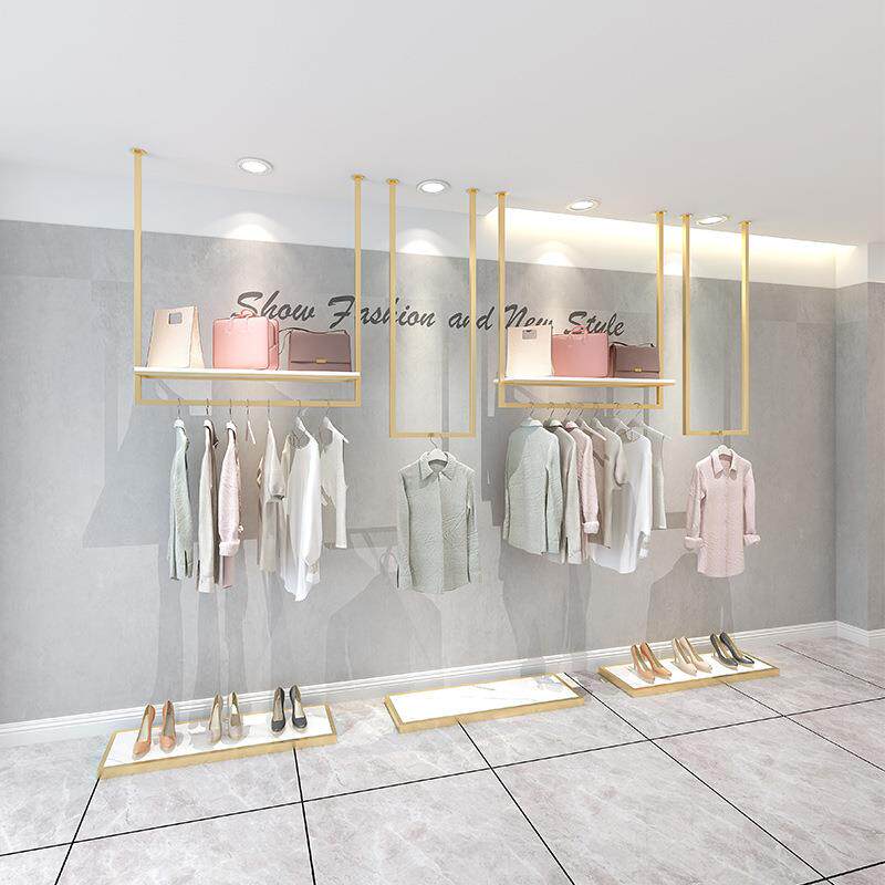 新款直销服装店展示架女装店吊架金色铁艺吊挂陈列侧挂架上墙吊顶