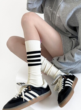 JK日系中筒棉袜春秋季灰色四杠条纹小腿袜TB细条堆堆袜女百搭休闲