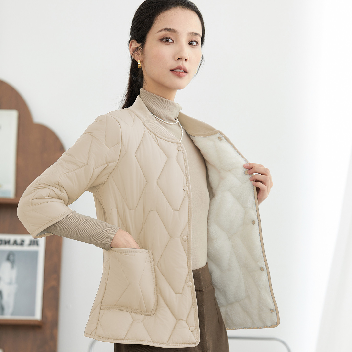 丝绵短款通勤修身立领棉衣