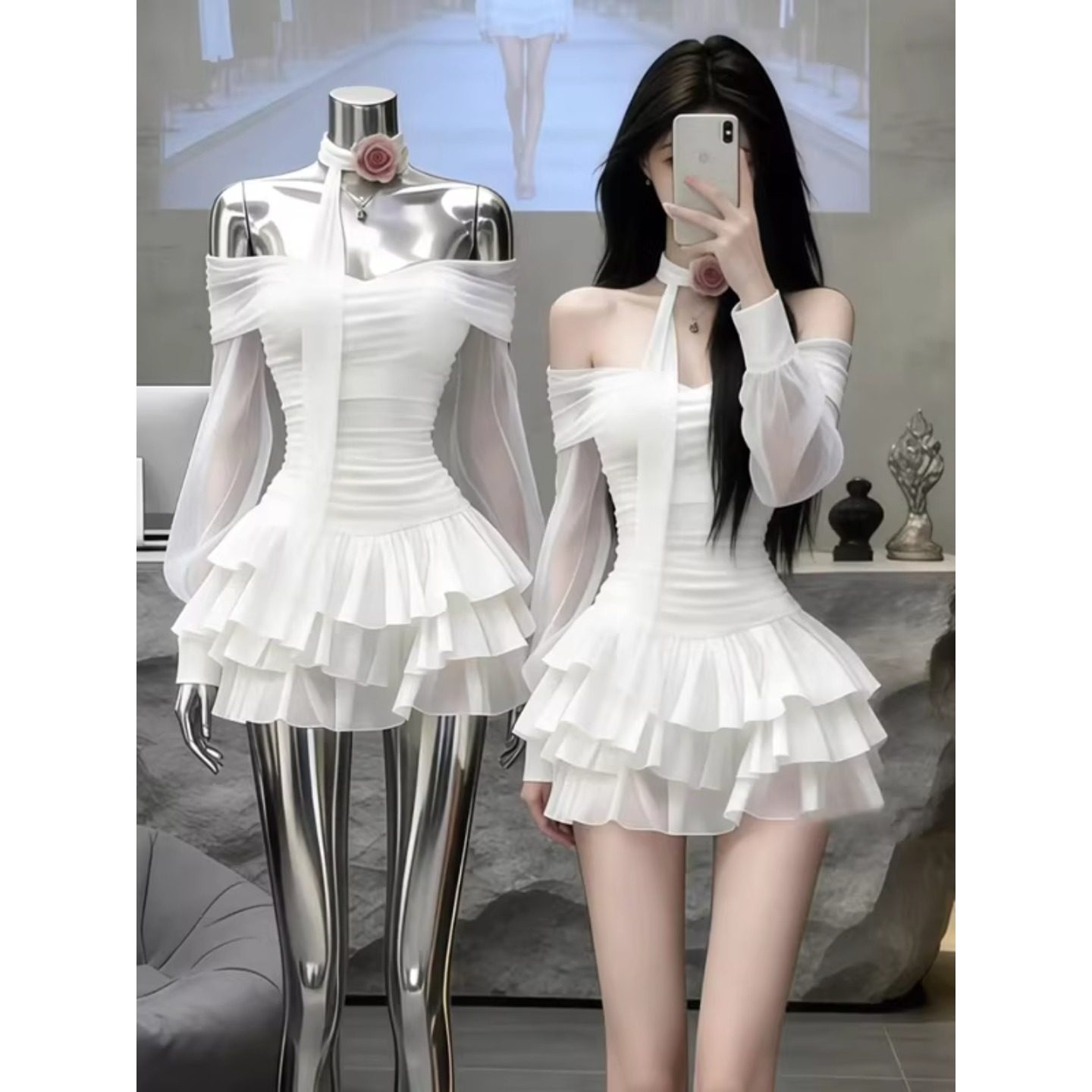 白色一字肩荷叶边长袖连衣裙女春夏新款公主风宴会礼服蛋糕蓬蓬裙,女装/女士精品,连衣裙,淘宝优惠券,粉丝福利购,淘宝优惠卷