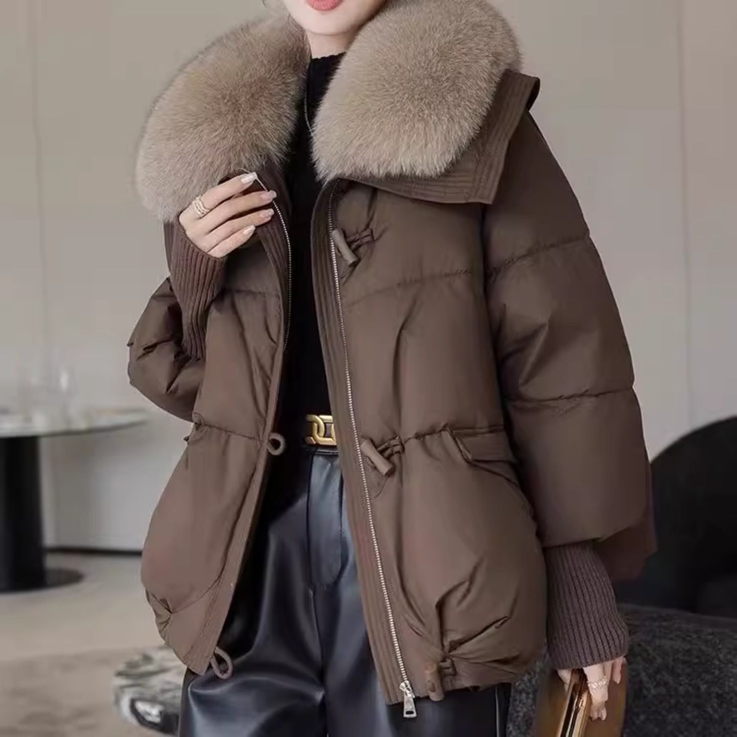 短款毛领羽绒棉服女装韩版洋气棉袄冬季加厚外套美拉德系面包服女