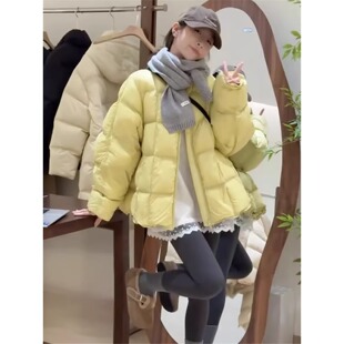 纯色小方格羽绒棉服女秋冬新款韩版圆领宽松加厚减龄面包服外套潮