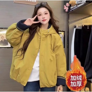 2025秋冬新款韩系撞色连帽加绒棉服外套女短款宽松时尚休闲棉衣