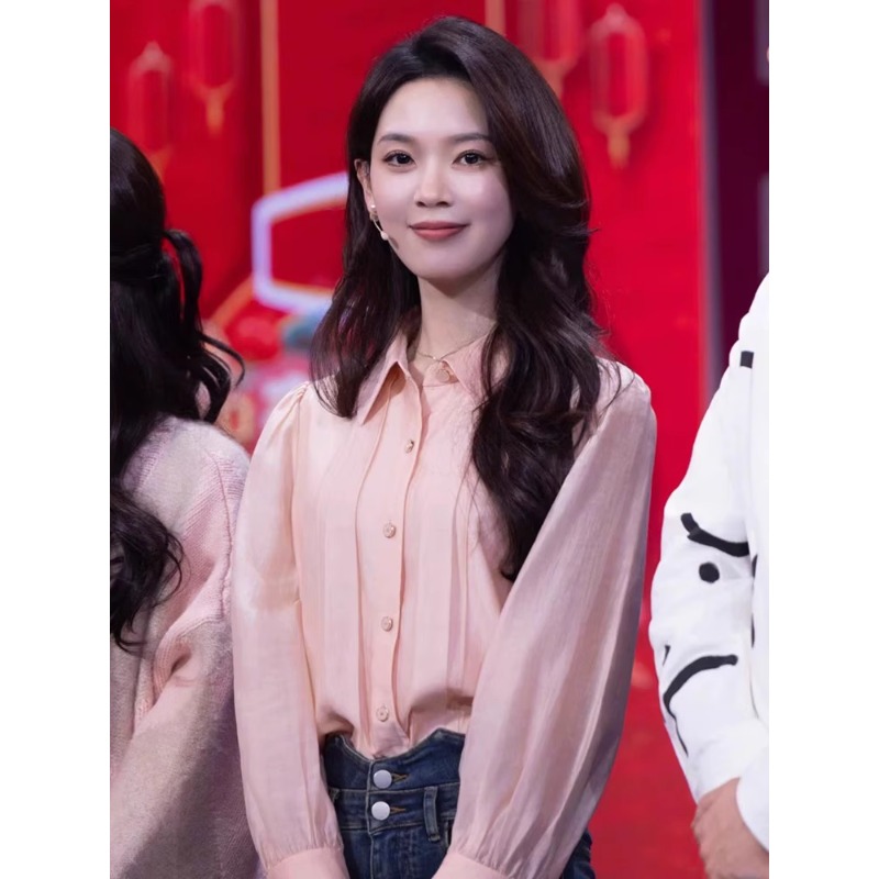 陈瑶春晚同款粉色长袖衬衫气质显瘦上衣小众设计感甜美小衫春夏新