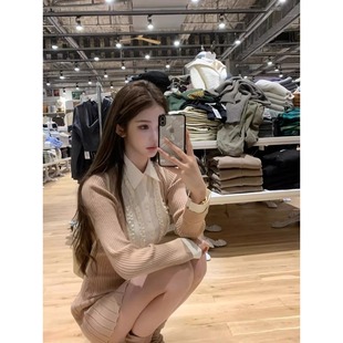 纽约艺高2025早春针织连衣裙女内搭裙假两件拼接衬衫领裙子百褶裙