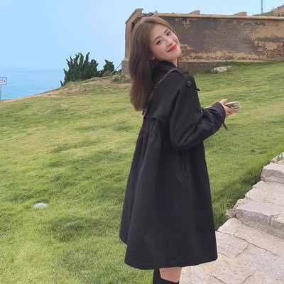 黑色娃娃领风衣女中长款春秋新款加厚韩版宽松小个子双排扣外套女