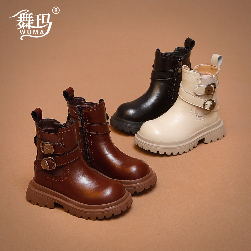 舞玛女童鞋子儿童骑士靴2025新款冬季小女孩加绒二棉皮带扣马丁靴