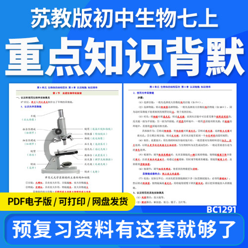 2026苏教版初中生物七年级上册知识背诵默写练习知识清单知识点总结专项训练电子版资料