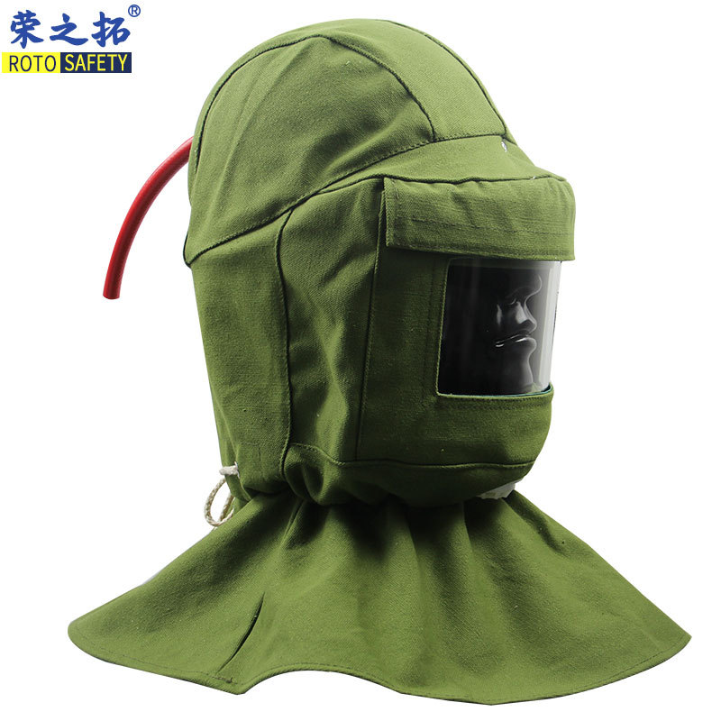 防打砂帽绿帆布喷砂帽防尘油漆工业粉尘全面罩打磨防护披肩帽面具