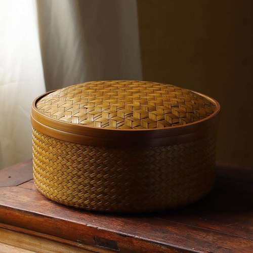 手工竹编带盖储物盒精品玉竹制茶具配件收纳盒圆形防尘收纳盒子