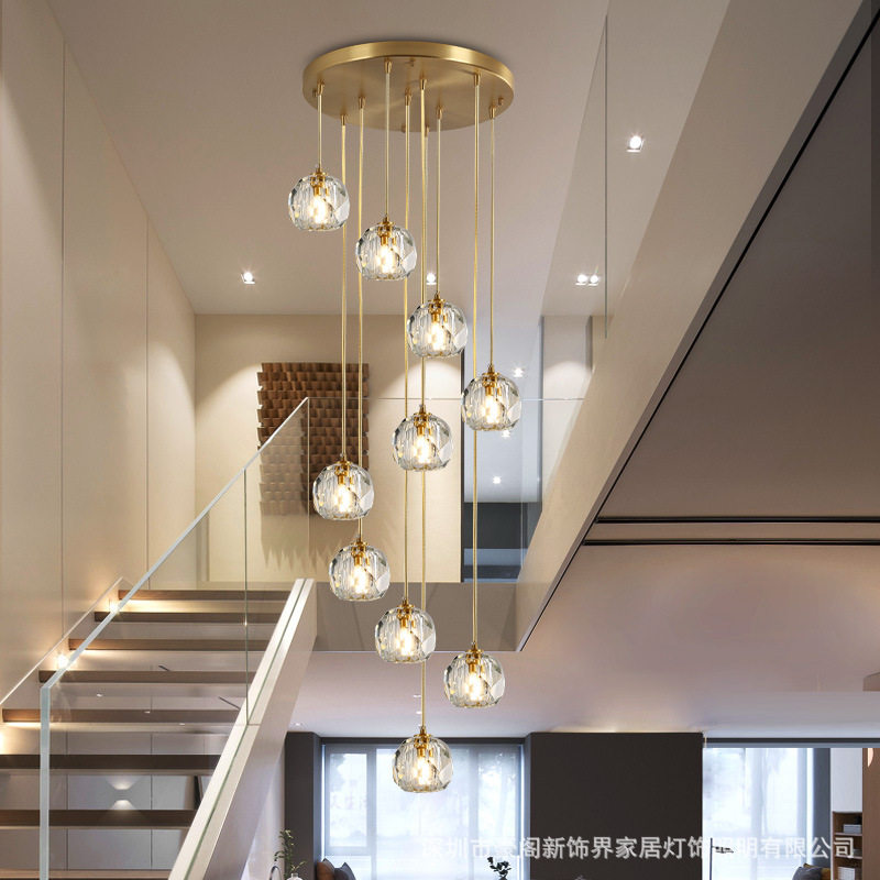 楼梯吊灯长吊灯全铜别墅后现代北欧挑高跃层客厅loft复式圆水晶灯