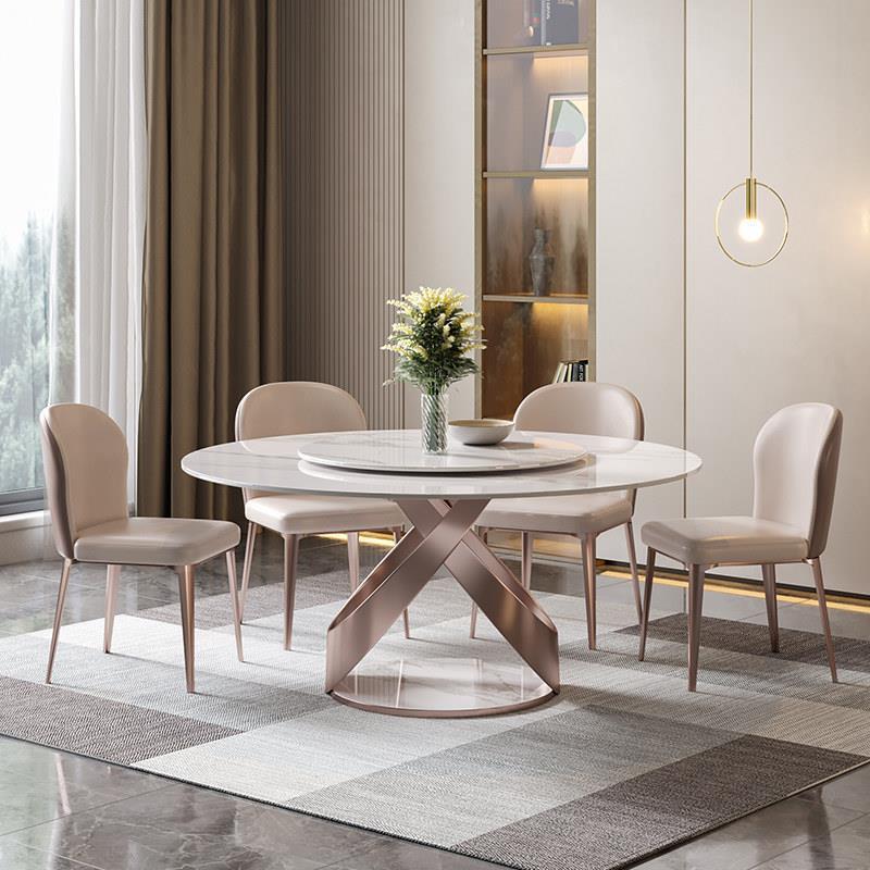 轻奢岩板亮光餐桌椅组合现代简约家用小户型圆桌带转盘圆形餐桌