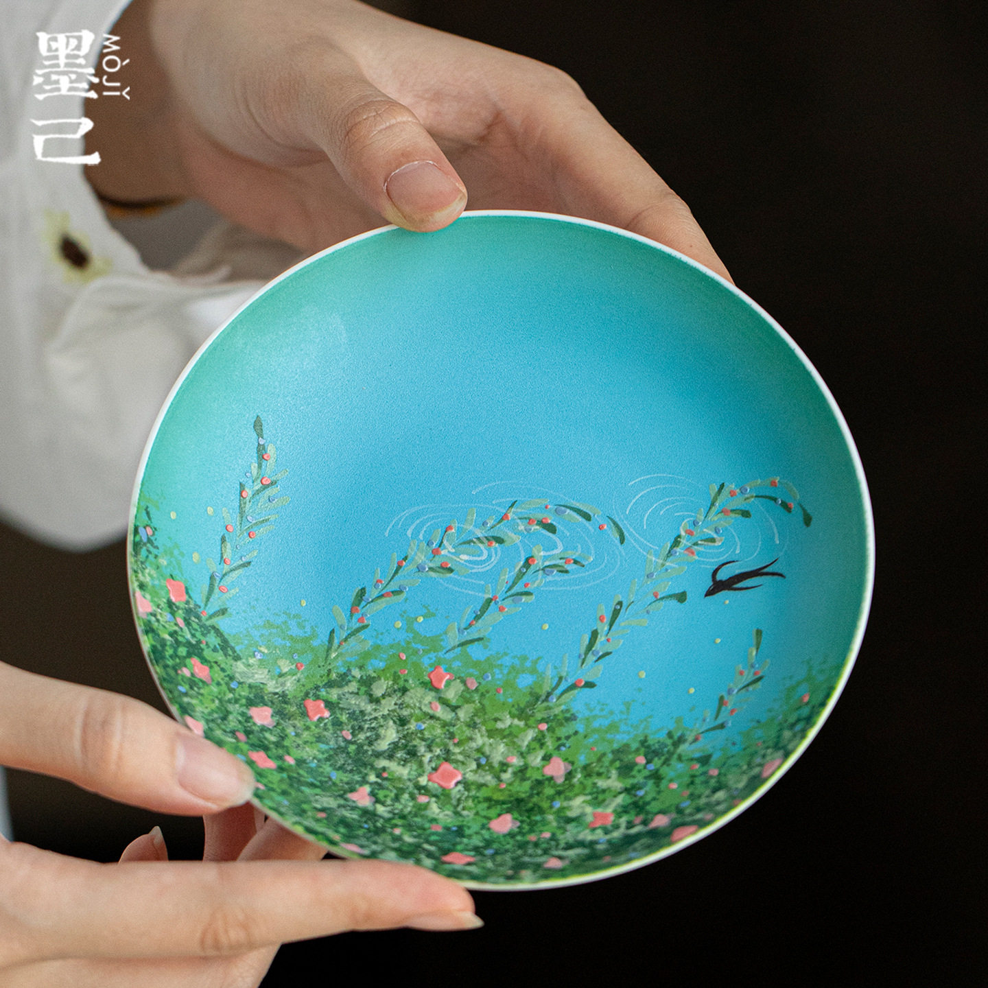 墨己蓝地彩绘油画风柳燕絮语陶瓷壶承茶道配件家用干泡盘茶点盘