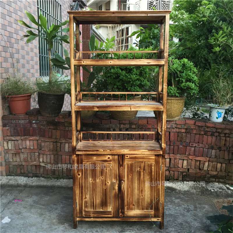 炭烧货架杉木储物架火烧木茶水柜实木多层展示架双门陈列柜木碗柜