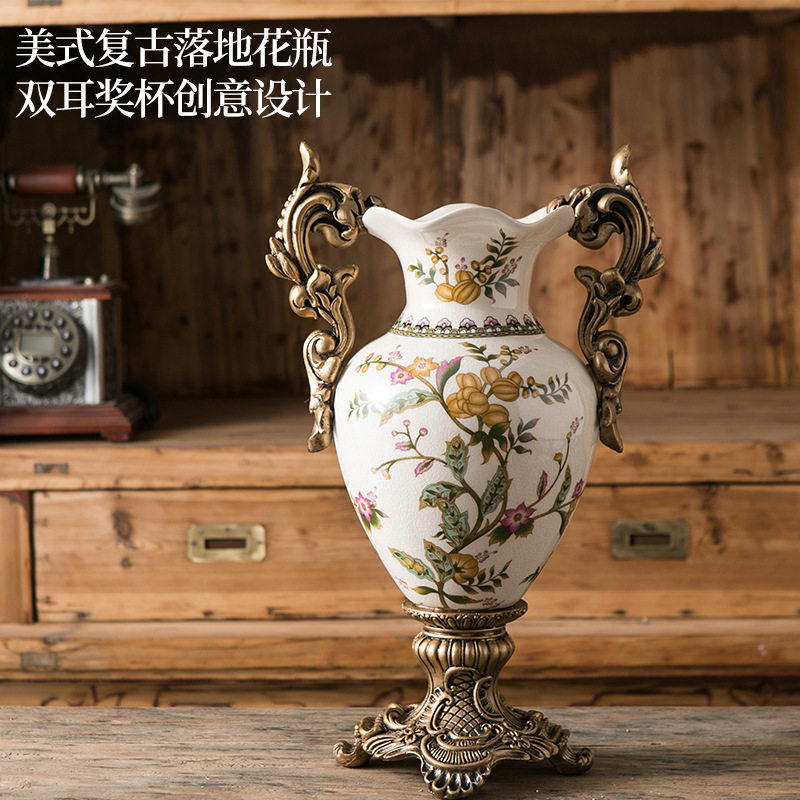 欧式陶瓷轻奢美式复古花瓶落地插花装饰客厅法式感大摆件色釉