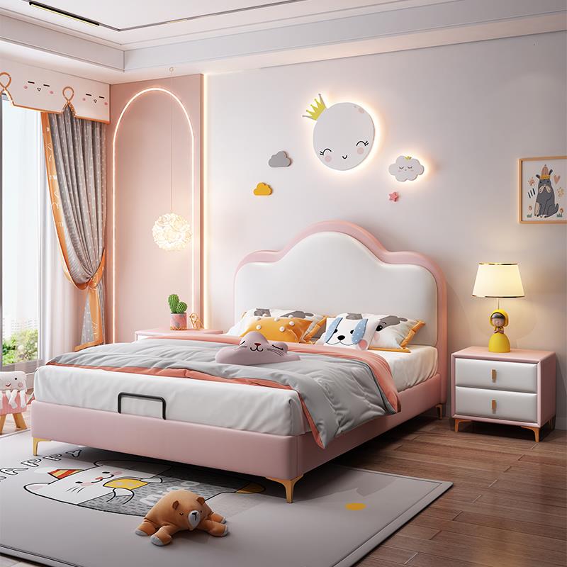 儿童房女孩公主床可爱卡通软包床实木现代简约女生粉色轻奢单人床