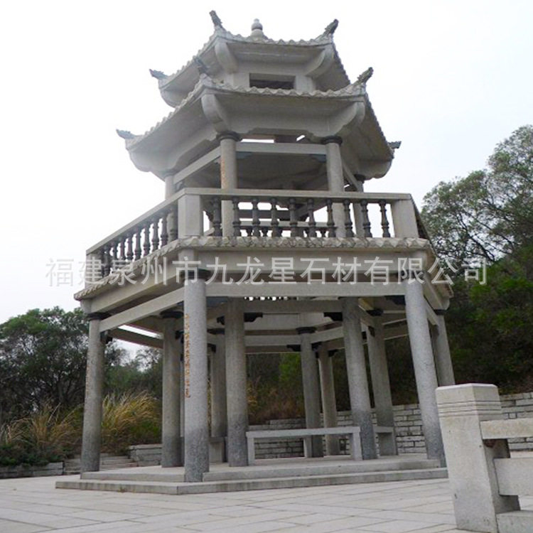 石雕凉亭户外晚霞红石亭子庭院别墅大理石六角石头亭子景观石亭