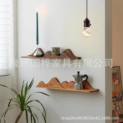 见山黑胡桃木一字隔板置物架墙上山形装饰置物板樱桃木壁挂收纳架