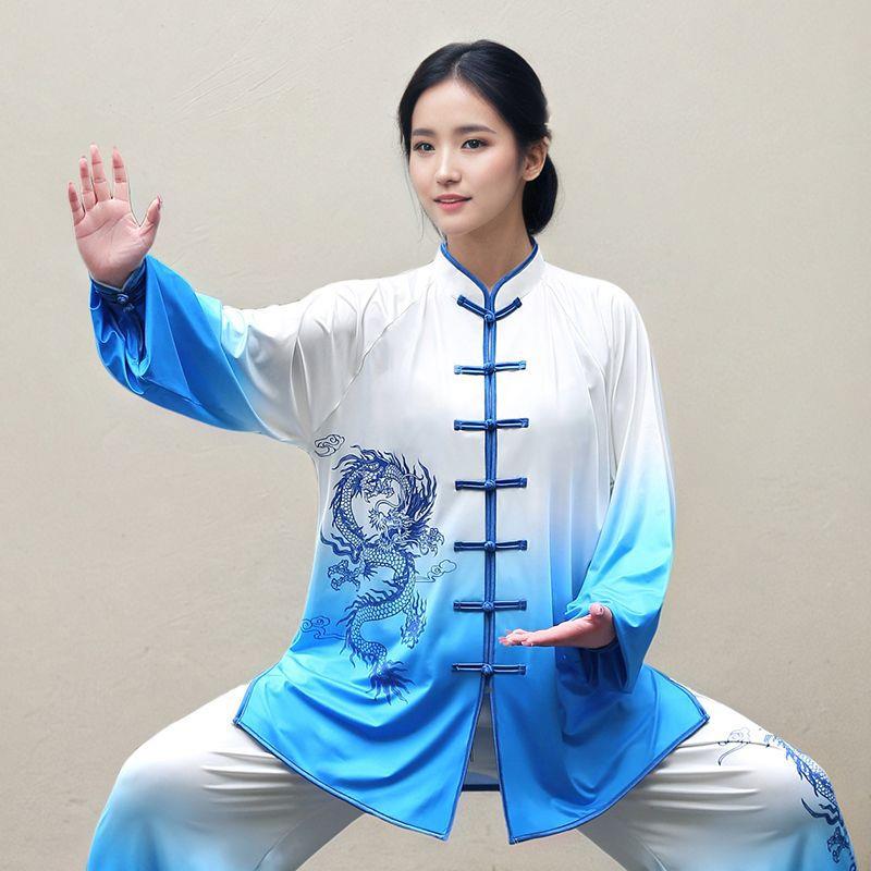 龙凤青花渐变色太极服女中国风武术服男太极拳表演比赛服披纱刺绣