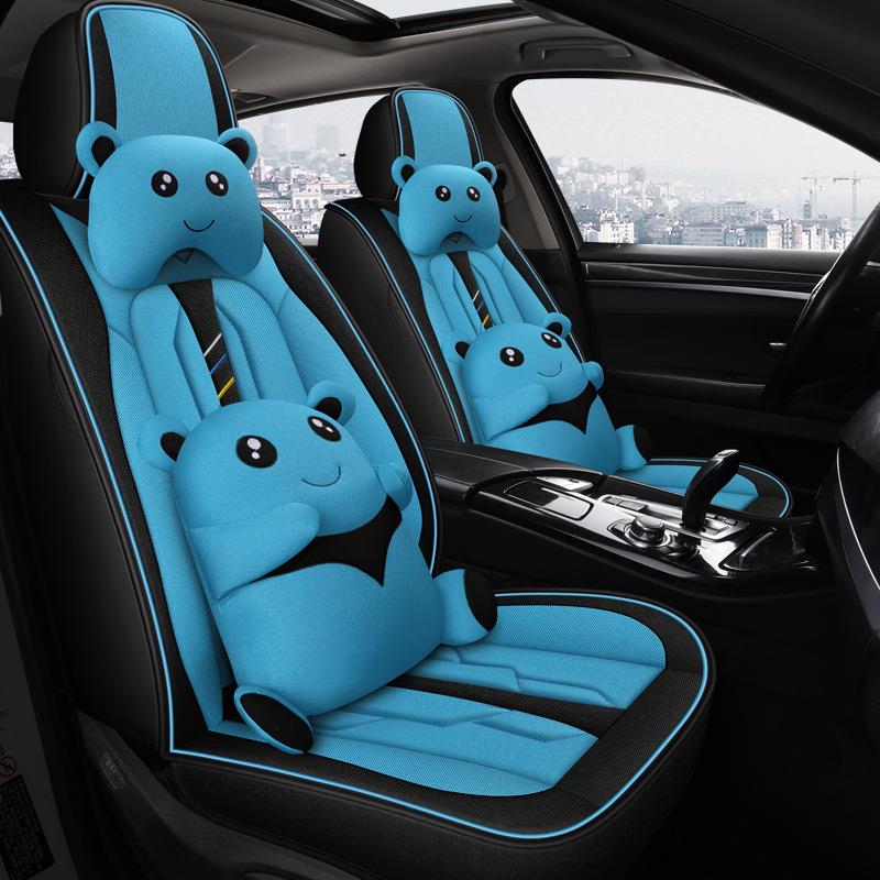 汽车坐垫亚麻全包围座套卡通坐垫四季棉麻布车座套坐垫网红座椅套