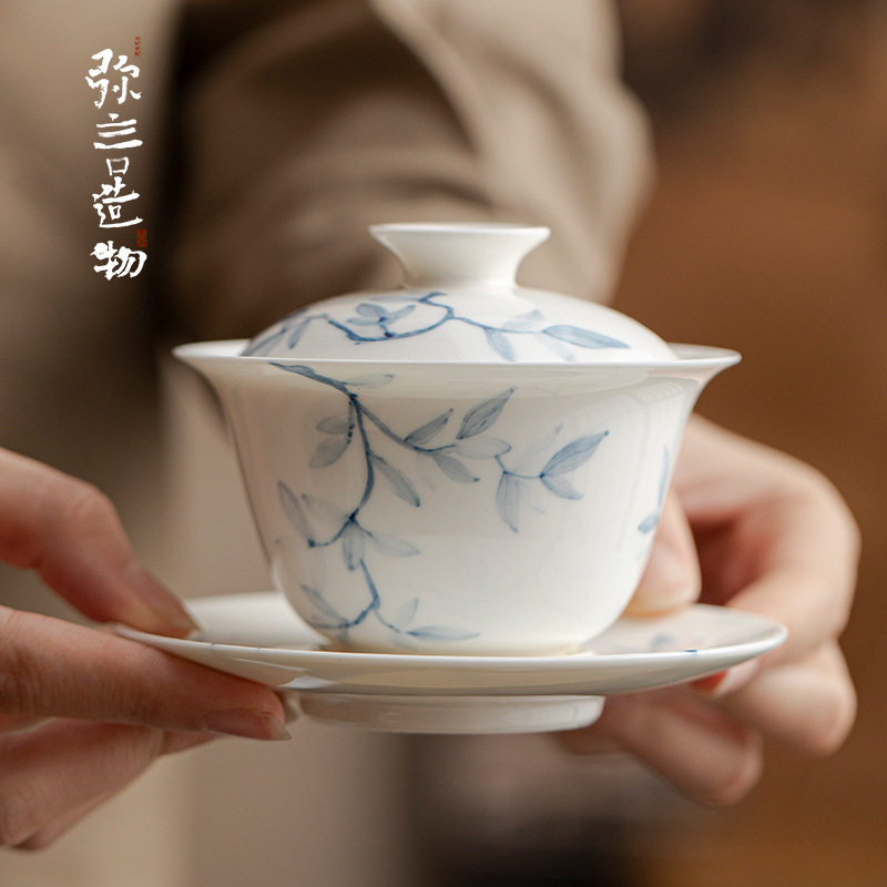 弥言玉泥白瓷纯手绘青花盖碗家用大号三才盖碗套装不烫手茶艺茶碗
