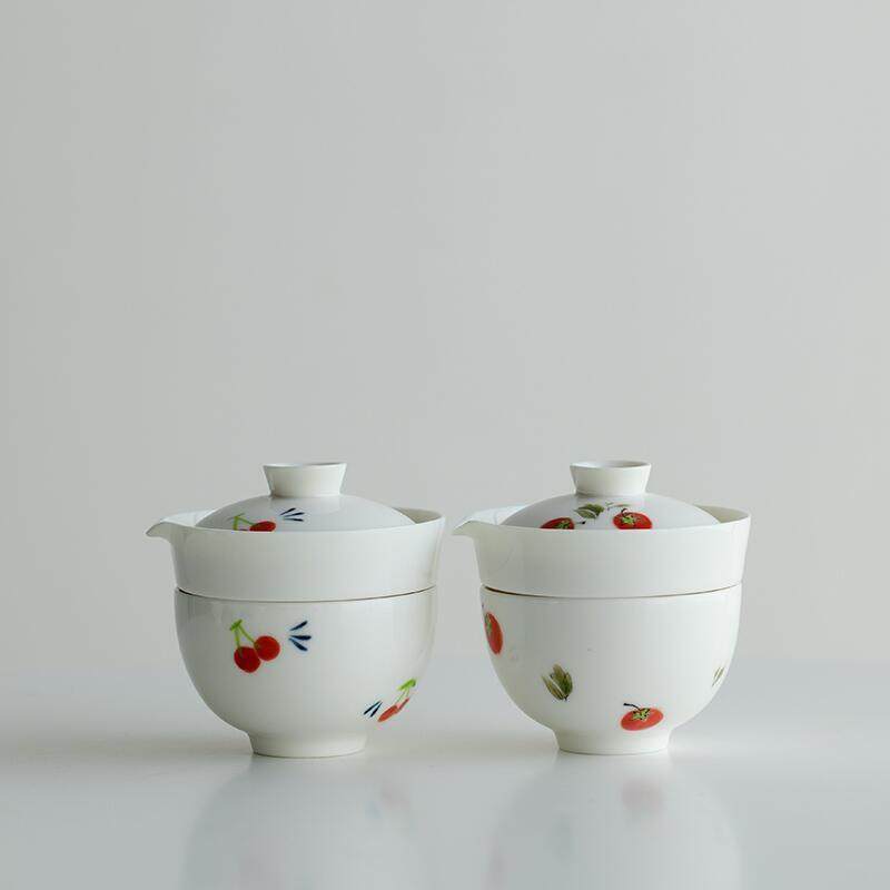 手绘柿子旅行茶具套装户外露营随身陶瓷快客杯便携式一壶一杯