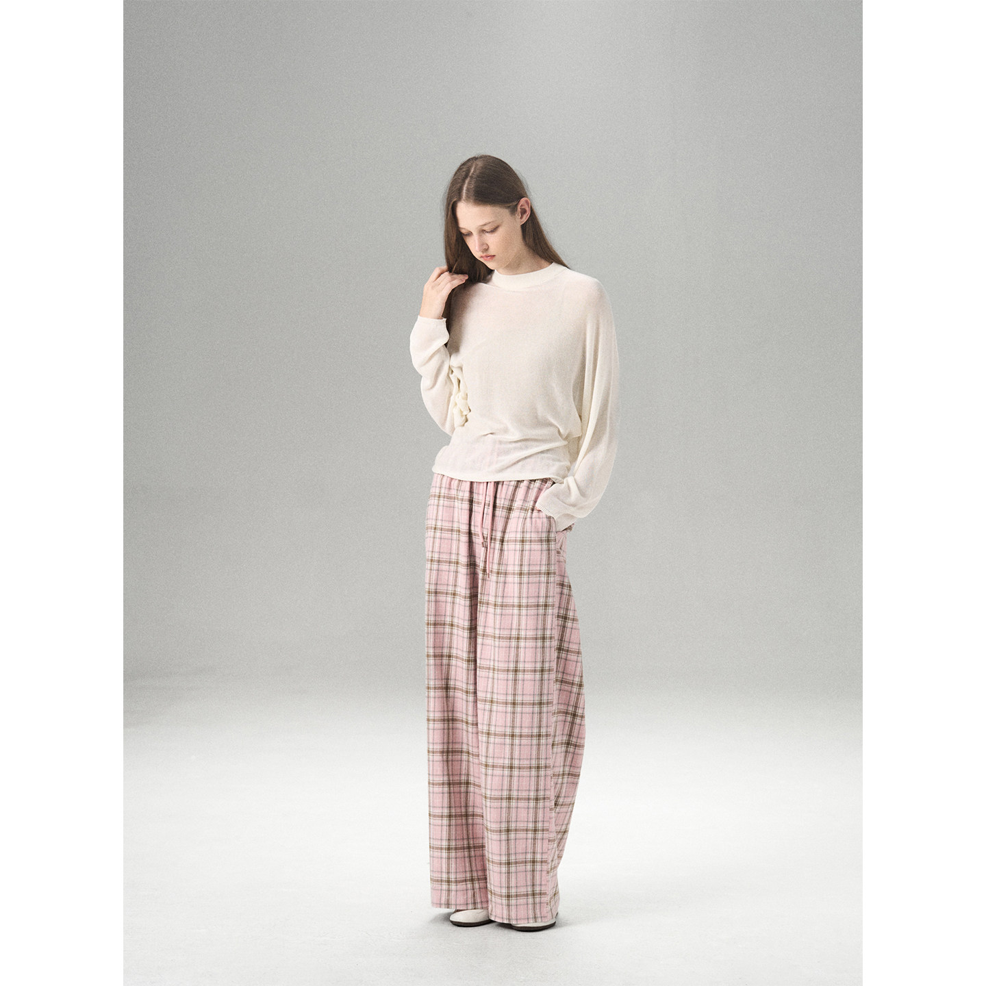 MISS CHANGE 2026复古抽绳阔腿粉咖格纹慵懒休闲裤女显瘦直筒长裤,女装/女士精品,休闲裤,淘宝优惠券,粉丝福利购,淘宝优惠卷