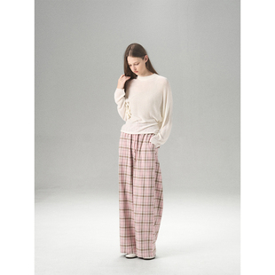 女显瘦直筒长裤 2026复古抽绳阔腿粉咖格纹慵懒休闲裤 CHANGE MISS