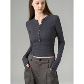 MISSCHANGE 上衣 修身 美式 复古运动亨利领条纹T恤女莱赛尔长袖