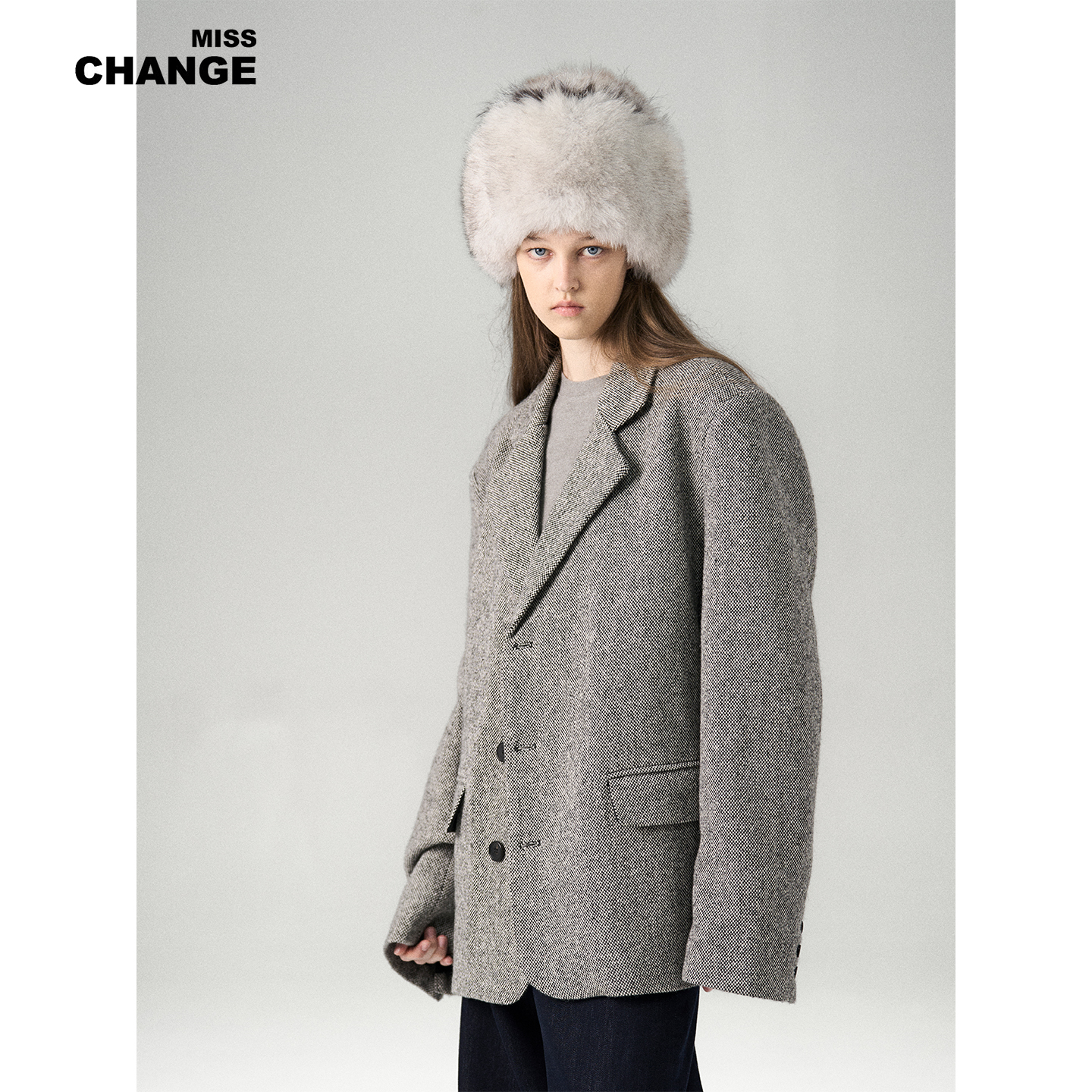 MISS CHANGE 老钱风粗花呢西装外套女廓形双排扣灰色百搭气质外套