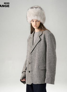 MISS CHANGE 老钱风粗花呢西装外套女廓形双排扣灰色百搭气质外套