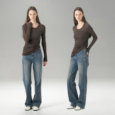 MISS CHANGE 四面弹复古高腰直筒牛仔裤女蓝色廓形显瘦柔软长裤