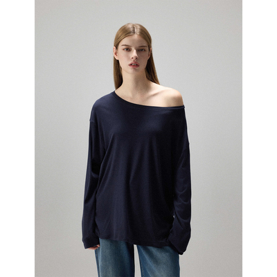 MISSCHANGE设计师品牌 休闲百搭时尚简约宽松斜肩露肩长袖T恤