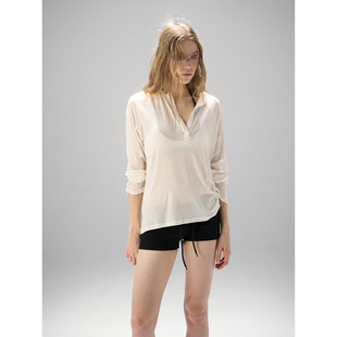 宽松T恤叠穿防晒罩衫 天丝亚麻亨利领微透薄款 上衣女 CHANGE MISS