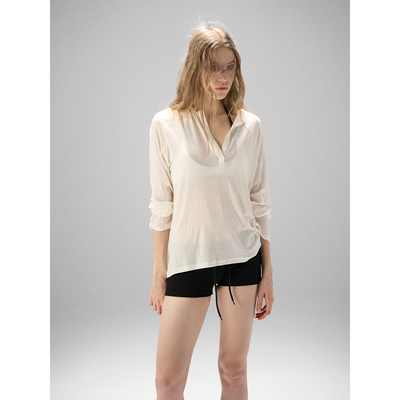 MISS CHANGE 天丝亚麻亨利领微透薄款宽松T恤叠穿防晒罩衫上衣女