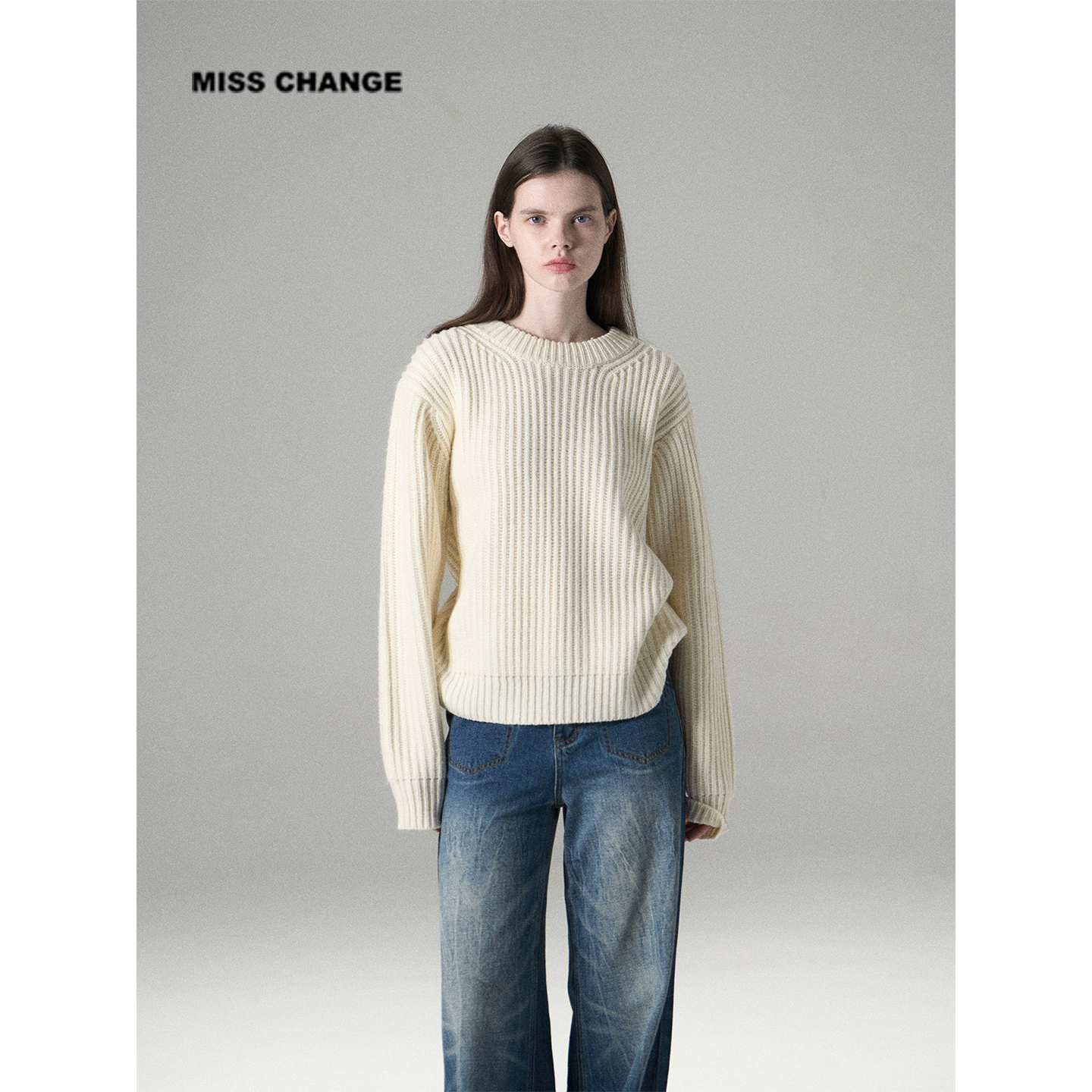 MISSCHANGE 美式复古羊毛混纺毛衣女宽松简约oversize针织衫