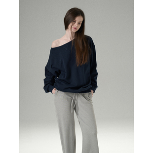 MISSCHANGE设计师品牌 100%棉露肩斜肩卫衣女宽松2026运动上衣