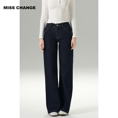 MISSCHANGE 弹力合身直筒牛仔裤/丹宁蓝原色复古百搭原牛中高腰