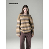 MISSCHANGE设计师品牌 羊毛慵懒风条纹圆领毛衣女渐变条纹针织衫