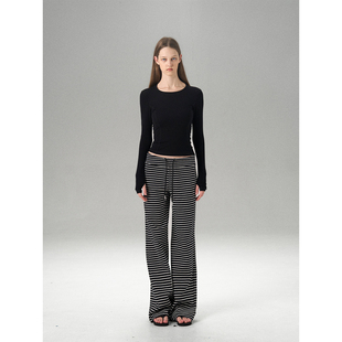 女斑马纹慵懒运动长裤 条纹低腰抽绳休闲直筒阔腿裤 CHANGE MISS