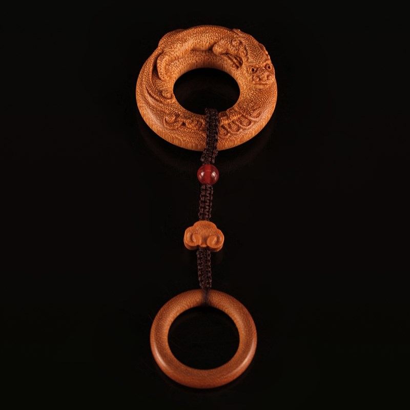 竹雕玉竹实心竹面包圈雕貔貅螭龙平安环提环圈龙血金丝竹手把件