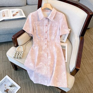 大码胖mm甜酷连衣裙女200斤胖人气质显瘦遮肚A字polo领牛仔裙子夏