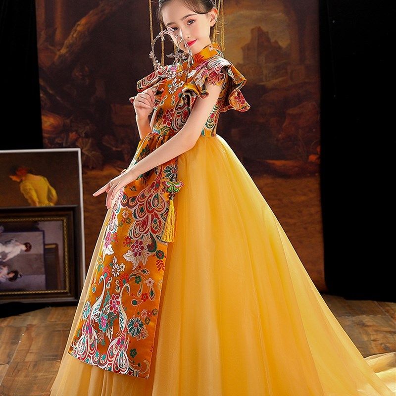 女童夏国潮礼服高端走秀2024新款儿童拖尾公主裙中国风小主持人秋