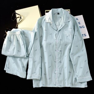 男睡衣纯棉纱布春秋长袖2025年新款加肥加大码夏季薄款家居服套装