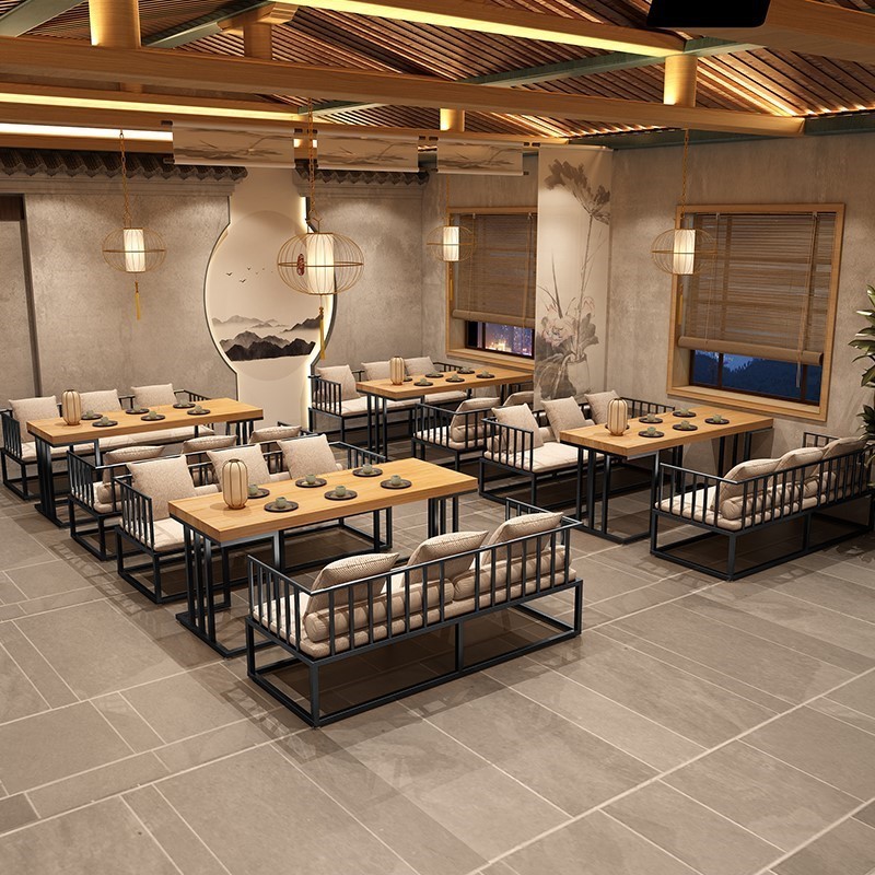 新中式禅意民宿铁艺沙发桌椅组合商用餐厅酒店包厢接待洽谈家具桌