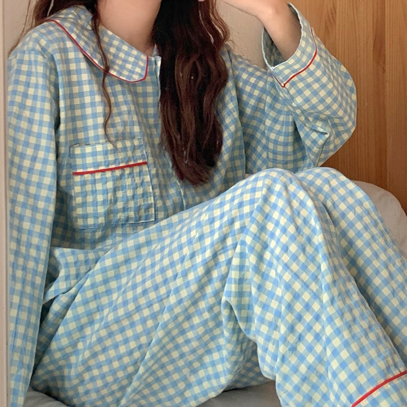 撞色格子睡衣女春秋款网红风纯棉长袖2022年新款甜美家居服两件套