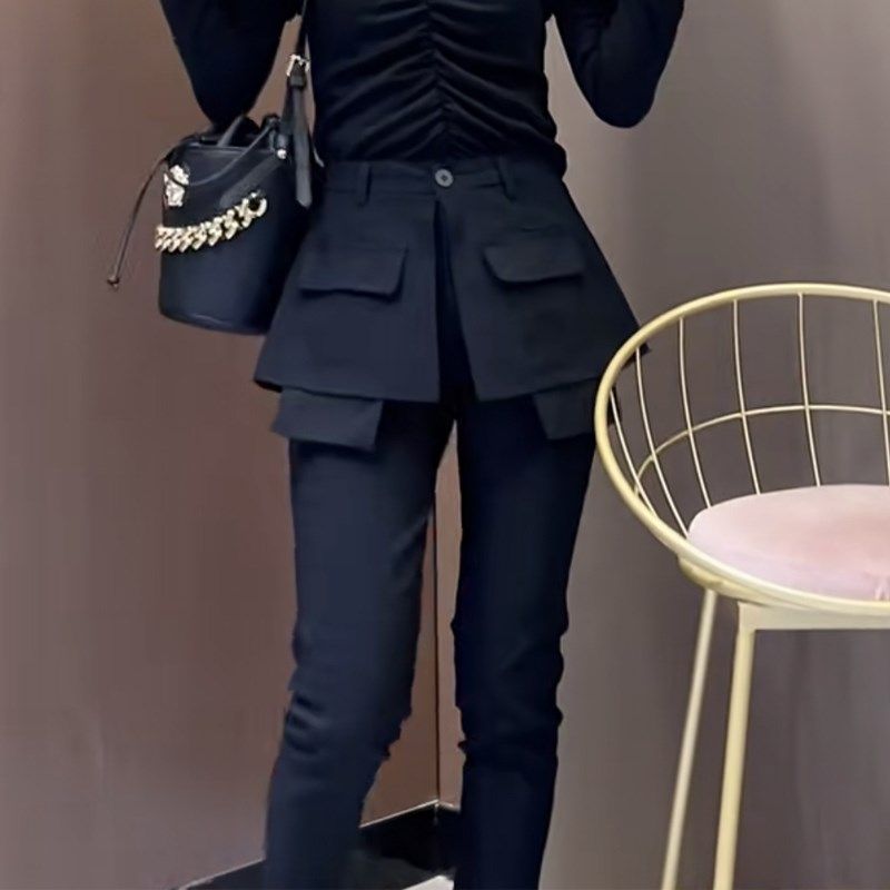 秋季新款假两件围裙裤女弹力显瘦小脚裤百搭西装裤时尚直筒九分裤