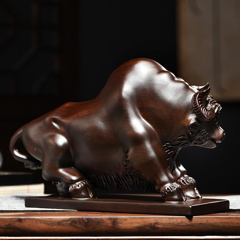 牛木摆件新式黑檀中实木雕生刻十二肖693牛势头根雕黑色牛家居装